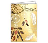 AFIE Carte Heureux Anniversaire avec Enveloppe - Or Doré Brillant Scintillant Chic - Suis tes Rêves ils connaissent le chemin Attrape-Rêves Plumes - Fabriquée en France 69-7099