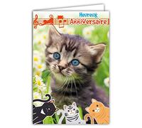 AFIE Carte Heureux Anniversaire Chaton Petits Chats Mignons Fleurs Paquerettes Musique Portée Clé de Sol Notes Fabriqué en France 67-1114