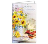Afie Carte Heureux Anniversaire PORTE-BILLETS intérieur Bouquet de Fleurs Tournesols Myosotis Lys Gaufrage papier en relief