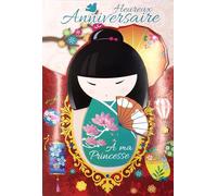 AFIE Carte Heureux Anniversaire Princesse Poupée Asiatique Japonaise Chinoise en Relief avec Enveloppe Blanche 12x17,5cm Kimono Fleurs Lotus Cerisier Lanternes éventail Ombrelle Chignon 67-1023/2