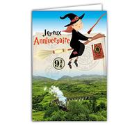 AFIE Carte Joyeux Anniversaire - Enveloppe - Fille Fan de Sorcière Personnage Fantastique Chapeau Balais Magique Baguette Grimoire Train Britannique Anglais - Fabriquée en France 67-1244