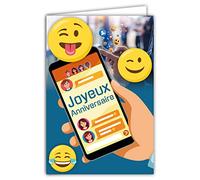 AFIE Carte Joyeux Anniversaire - Enveloppe - Garçon/Fille Ados Amis - Réseaux Sociaux Smartphone SMS Texto - Message Émojis Smiley Frimousse Binette Visage Souriant - Fabriquée en France 67-1248