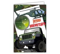 AFIE Carte Joyeux Anniversaire - Enveloppe - Garçon Homme Qui Aime L'univers Militaire - Armée Défense Ordre Justice Paix Tenues Camouflage - Hélicoptère 4x4 Véhicule - Fabriquée en France 67-1252