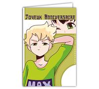 AFIE Carte Joyeux Anniversaire - Enveloppe - Jeune Garçon Ados - Univers Japonais Nippon Personnage Héros Manga Bande Dessinée Pays - Yeux Verts Prénom Max - Fabriquée en France 67-1254