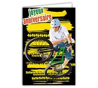 AFIE Carte Joyeux Anniversaire - Enveloppe - Jeune Garçon Homme Sportif qui aime le Vélo Cross 2 roues VTT BMX Figures Extrêmes Traces de Pneus Baskets - Fabriquée en France 67-1250