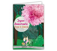 AFIE Carte Joyeux Anniversaire Plein de Bonheur pour Jeune Fille - Femme Amoureuse Illustration Couple à Vélo Bicyclette Fleur Rose Pivoine Forêt - Enveloppe Incluse - Fabriquée en France 65-1334