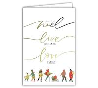 AFIE Carte Joyeux Noël Live Christmas Love Family en Or Doré Brillant Scintillant avec Enveloppe Blanche Format 12x17,5cm - Illustration Passants Sapin Luge Hiver Meilleurs Vœux - Fabriqué en France
