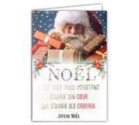 Afie Carte Joyeux Noël Texte ouvrir son Cœur ses Cadeaux Père Noël Petit Papa Noël Rouge Chapeau Bonnet Barbe Paquets Fleurs Poinsettia Or Dorure Dorée