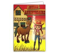 AFIE Carte Paillettes Joyeux Anniversaire Fille Cowgirl Cheval Enveloppe Jaune 12x17,5cm Costume Déguisement Chapeau Cowboy Bottes Santiags Foulard Country Ranch Saloon Western Far West 67-1089-A