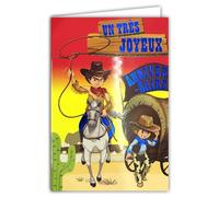 AFIE Carte Paillettes Joyeux Anniversaire Garçon Cowboy à Cheval Enveloppe Jaune 12x17,5cm Costume Déguisement Lasso Chapeau Foulard Country Roulotte Western Far West Désert Cactus 67-1089-B