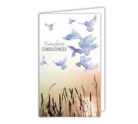 Afie Carte Sincères Condoléances petit format Gris Décès Deuil Paysage Paisible Soleil Couchant Vol Oiseaux Colombes mains Paix Eau Lac Herbe Graminée Fabriqué en France