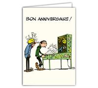 AFIE GLCT-0182 Carte Joyeux Anniversaire Gaston Lagaffe Fantasio Vintage Origine Flipper Billard Pinball Jeu d'arcade BD Bande Dessinée Humoristique Humour Belge Personnage Gag Gaffes Franquin