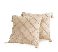 AFIRMLY Throw Pillow Covers, Pillow Covers 18x18, Pack of 2 Boho Decorative Pillow Covers for Living Room Farmhouse Sofa Bed RV, Diamond Tufted Embroidered with Tassels, Home Decor, Beige