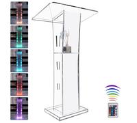 Afitdon Podium en acrylique transparent avec étagère de rangement, chaire d'église avec 15 couleurs de lumière LED de couleur, support de podium de stabilité pour église, conférence, mariage, salle de