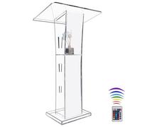 Afitdon Podium en acrylique transparent avec étagère de rangement, chaire d'église avec 15 couleurs de lumière LED de couleur, support de podium de stabilité pour église, conférence, mariage, salle de