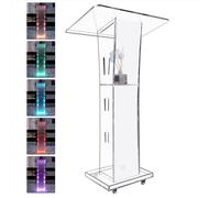 Afitdon Podium en Acrylique Transparent avec Roues et étagère de Rangement, chaire d'église avec 15 Couleurs de lumière LED - Support pour église, conférence, Mariage, Salle de Classe(68 x 45 x 100