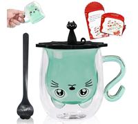 Afitdon Tasse Double Paroi Mignonne, double paroi, 280 ml, avec carte de bénédiction, cuillère et couvercle, double paroi pour cappuccino, latte macchiato, thé, glace et lait-Vert