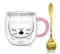 Afitdon Tasse Double Paroi Mignonne, double paroi, 280 ml, avec carte de bénédiction, cuillère et couvercle, double paroi pour cappuccino, latte macchiato, thé, glace et lait