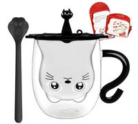 Afitdon Tasse Double Paroi Mignonne, double paroi, 280 ml, avec carte de bénédiction, cuillère et couvercle, double paroi pour cappuccino, latte macchiato, thé, glace et lait-Noir
