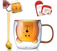 Afitdon Tasse mignonne en forme d'ours, double paroi, 280 ml, avec carte de bénédiction, cuillère, double paroi pour cappuccino, latte macchiato, thé, glace et lait-Brun