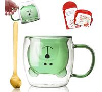 Afitdon Tasse mignonne en forme d'ours, double paroi, 280 ml, avec carte de bénédiction, cuillère, double paroi pour cappuccino, latte macchiato, thé, glace et lait-Vert