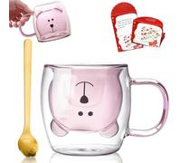 Afitdon Tasse mignonne en forme d'ours, double paroi, 280 ml, avec carte de bénédiction, cuillère, double paroi pour cappuccino, latte macchiato, thé, glace et lait-Rose