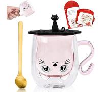 Afitdon Tasse mignonne pour chat - Double paroi - Motif chat - Avec carte de bénédiction, cuillère et couvercle - Cadeau pour les amoureux des chats - 280 ml - Pour cappuccino, latte macchiato, thé