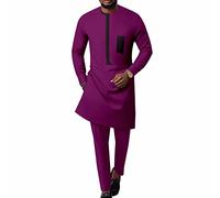 Africain Chemise et Pantalon Ensemble Africain pour Hommes Manches Longues Dashiki Ensemble 2 Pièces Costume Vêtements D'extérieur Formidable Haut Coton Survêtement Vêtements (Color : Purple, Size :
