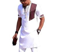 Africain pour Hommes Ensemble 2 Pièces Costume Dashiki Manche Longue Chemise et Pantalon Tenues Coupe Slim Costume Traditionnel Vêtements à la Mode (Color : White, Size : M)