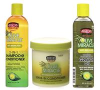 African Pride - Lot de 3 soins capillaires anti-casse Olive Miracle - Shampooing et après-shampoing 2 en 1 / Après-shampoing sans rinçage / Huile ultra-fortifiante pour la pousse des cheveux