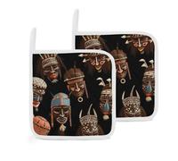 African Ritual Lot de 2 maniques carrées résistantes à la chaleur avec boucle de suspension pour la cuisine, la pâtisserie, le barbecue, le four à micro-ondes