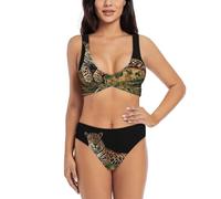 African Wildlife Leopard On Rock Ensemble bikini élégant pour femme avec motif croisé sur le devant et dos en U pour les vacances d'été à la plage, Noir , M