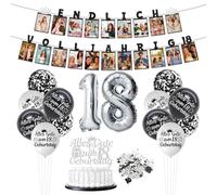 Afritee Décoration pour 18e anniversaire garçon et fille, inscription « Alles Gute Zum Geburtstag » dix-huit ans enfin toute l'année - Noir et argenté - Guirlande photo, bannière, ballons - Décoration