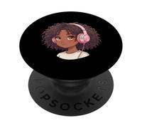 Afro-Américain Anime Girl Afro Mélanine Manga Otaku Musique PopSockets PopGrip Adhésif