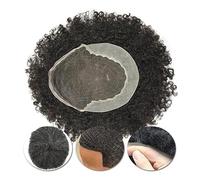 Afro Curly Hair Toupee For Hommes Swiss Lace & PU Skin Base System Unit 4-25mm Natural Black Indian Human For(4MM-COLOR 1B-110 DENSITY,6x8)