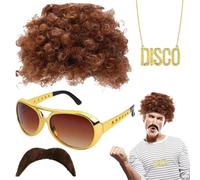 AFRO FUNKY COSTUME- vous montre dans ses couleurs naturelles et accrocheuses. Perruque 7 ans 7 ans Accessoire hippie avec collier | Lunettes moustache Costume Soirée apprivoisée 50S 60S 70, Halloween
