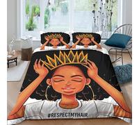 Afro queen Housse de Couette Microfibre résistante 3 Pièces 3D Effet Léger Cartoon illustration style Ensemble De Literie avec Taie d'oreiller Facile d'entretien for Couple Single（140x200cm）