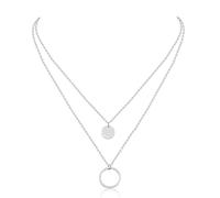 AFSTALR Chaîne multicouche pour femme - Argent/or rose/or - Chaîne multicouche avec pendentif anneau circulaire - Cadeau pour femme, Acier inoxydable,