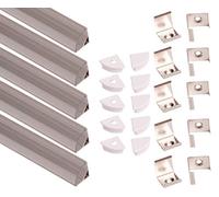 Aftertech® 5 x 1 m 16 x 16 Profil Aluminium Angulaire Rond 1 m pour Rubans LED Barre Rigide 1 m + Couverture Cover Transparent