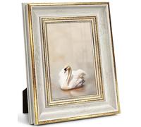 Afuly Cadre Photo A4 21x29.7 cm, Vintage Rustique Léger Solide PS Cadre avec Verre Couvercle & Durable Support, Cadeau Décor pour Famille Anniversaire Fêtes, Blanc et Doré