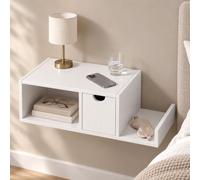 Afuly Table de Chevet Suspendue Blanche avec Tiroir Table de Nuit Bois | Montage mural gauche/droite, rangement 4-en-1 avec tablette latérale, 50,7 cm de large, gain de place, chambre, style moderne