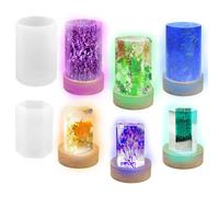 Afunta Lot de 2 moules cylindriques en résine époxy, moule hexagonal en résine et base lumineuse en bois avec alimentation USB pour bricolage, décoration de bureau, lampe de table, décoration