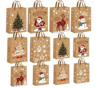 AFXXE 12 Pièces Sac Cadeau Noel, Grand/Petit Format Différentes Tailles Pochette Enfant, Emballage Réutilisables, Sachet Papier Kraft avec 6 Motifs(32x25x11.5cm/27x21x11.5cm)