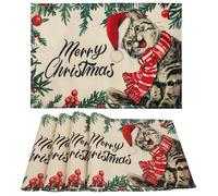 AFXXE Set De Table Noel, 30x45cm Set De Table Noel Lavable, Vert Holly Sets De Table Noel Lot de 4, Utilisé pour Sets De Table en Lin de Noël pour La Décoration De Table (Chat)