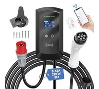 AFYEEV 22kW Borne de Recharge Véhicules Électrique, EV Chargeur Triphasé Câble de Type 2 de 5m avec Contrôle RFID et APP, 8-32A Station de Charge Standard IEC 62196-2 pour Ménage