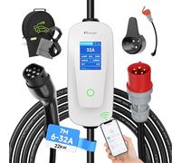 AFYEEV 7m Chargeur Voiture Electrique, 22KW EV Chargeur Type 2, Cable Recharge Véhicule Electrique 6/8/10/13/16/20/24/32A avec CEE 3-phasé Prise, IP65 (IEC 62196-2), Écran LCD