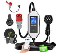AFYEEV Chargeur Voiture Electrique, 22KW EV Chargeur Type 2 | 7M Cable Recharge Véhicule Electrique 6/8/10/13/16/20/24/32A avec CEE 3-phasé Prise, IP65 (IEC 62196-2), Écran LCD
