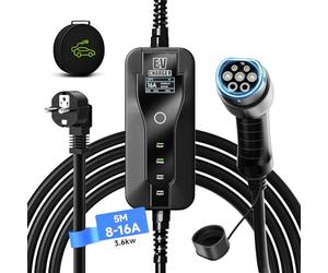 AFYEEV EV Chargeur Type 2, 3.6kW Chargeur Voiture Electrique 5M | 8-16A | Courant Commutable, Ecran Numérique Contrôlable, Cable Recharge Voiture Electrique avec Sac (IEC 62196-2)