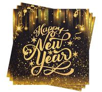 AFYHH Lot de 40 serviettes en papier pour décoration de table du Nouvel An Happy New Year - 33 x 33 cm - Noir et doré