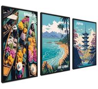 ag.art deco Affiche Decoration Murale con Cadre 30x40 cm | Affiche Murale con Cadre Noir | Poster Mural pour Salon et Chambre à Coucher | Lot de 3 Tableaux (Voyage en Asie)
